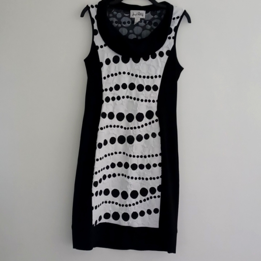 USED JOSEPH RIBKOFF SMALL TURTLE NECK BLACK/WHITE POLKA DOT PANEL FRONT SIZE 12